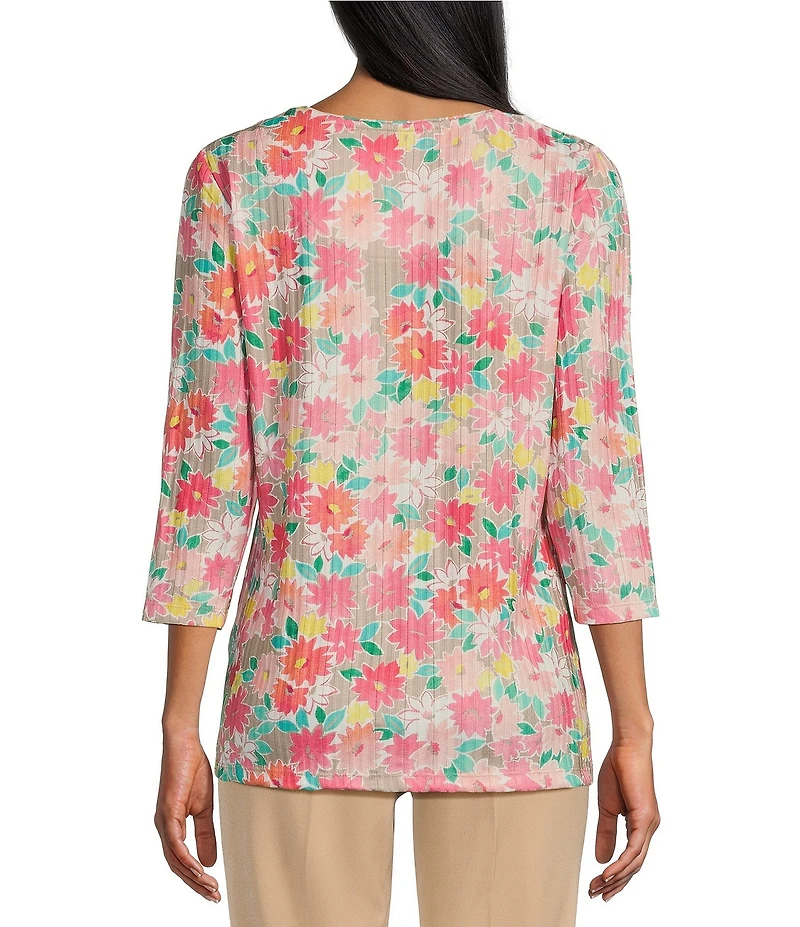 Allison Daley Petite Size Embellished Cheerful Daisy Print 3/4 Sleeve Crew Neck Knit Top