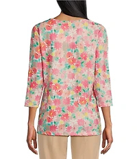 Allison Daley Petite Size Embellished Cheerful Daisy Print 3/4 Sleeve Crew Neck Knit Top