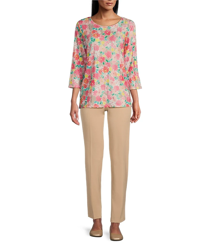 Allison Daley Petite Size Embellished Cheerful Daisy Print 3/4 Sleeve Crew Neck Knit Top