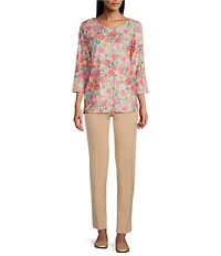 Allison Daley Petite Size Embellished Cheerful Daisy Print 3/4 Sleeve Crew Neck Knit Top