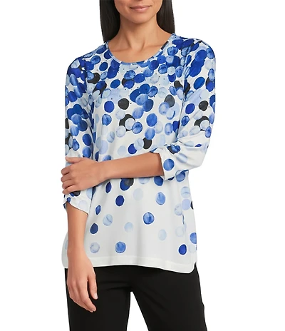 Allison Daley Petite Size Embellished Dotted Print 3/4 Sleeve Crew Neck Curve Hem Knit Top
