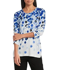 Allison Daley Petite Size Embellished Dotted Print 3/4 Sleeve Crew Neck Curve Hem Knit Top