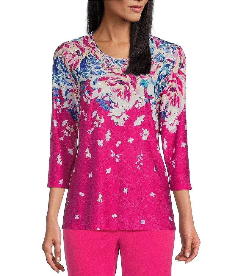 Allison Daley Petite Size Embellished Floral Print 3/4 Sleeve Crew Neck Linear Jacquard Knit Top
