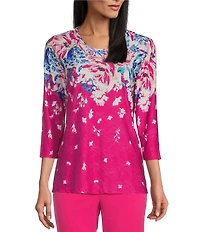 Allison Daley Petite Size Embellished Floral Print 3/4 Sleeve Crew Neck Linear Jacquard Knit Top