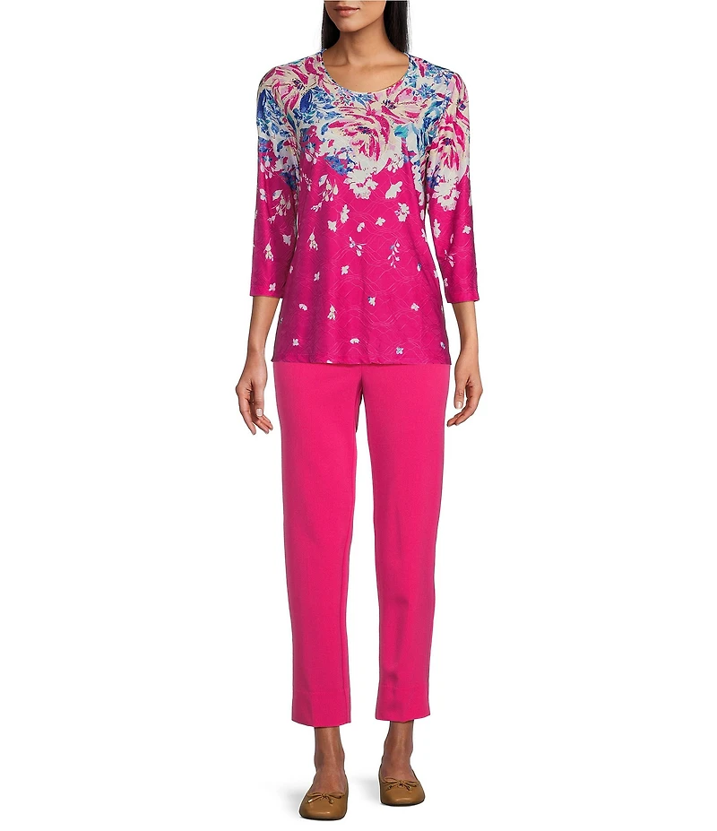 Allison Daley Petite Size Embellished Floral Print 3/4 Sleeve Crew Neck Linear Jacquard Knit Top