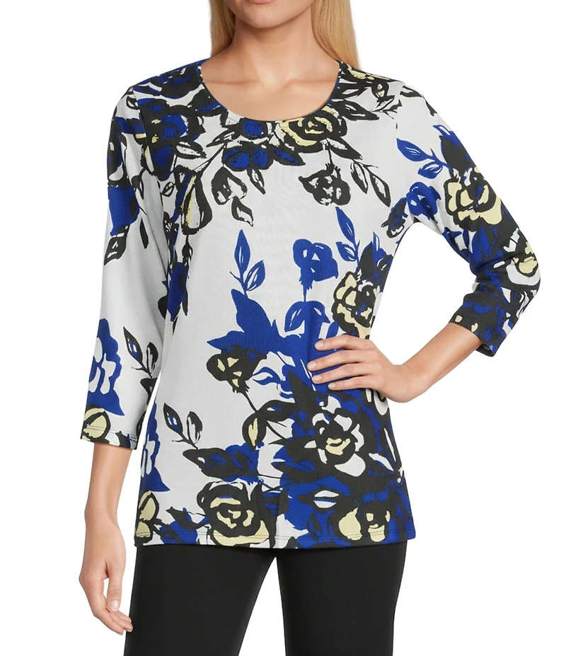 Allison Daley Petite Size Embellished Floral Print 3/4 Sleeve Crew Neck Top