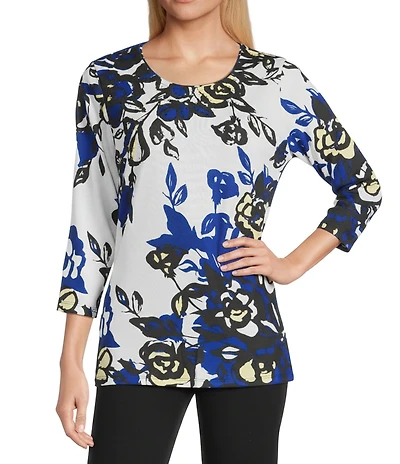 Allison Daley Petite Size Embellished Floral Print 3/4 Sleeve Crew Neck Top