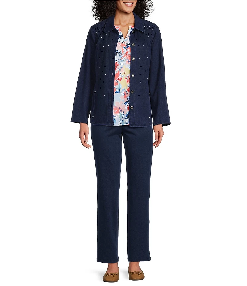 Allison Daley Petite Size Embellished Long Sleeve Point Collar Button Front Knit Denim Jacket
