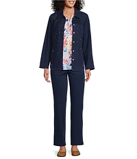 Allison Daley Petite Size Embellished Long Sleeve Point Collar Button Front Knit Denim Jacket