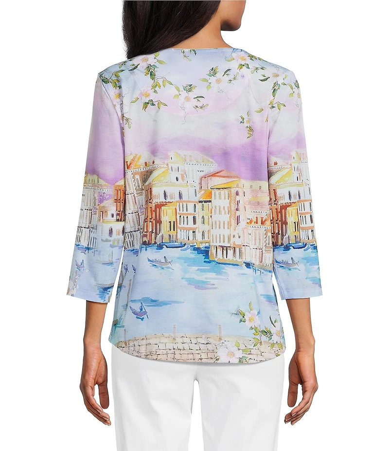 Allison Daley Petite Size Embellished Magic Canal Print 3/4 Sleeve Crew Neck Knit Top