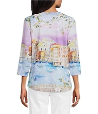 Allison Daley Petite Size Embellished Magic Canal Print 3/4 Sleeve Crew Neck Knit Top