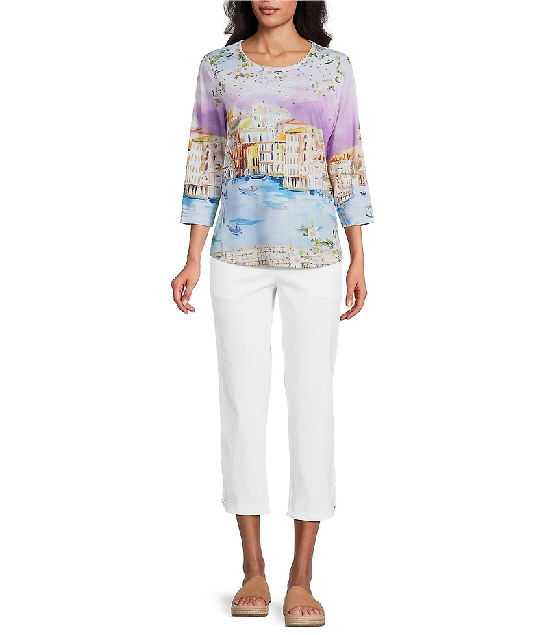 Allison Daley Petite Size Embellished Magic Canal Print 3/4 Sleeve Crew Neck Knit Top