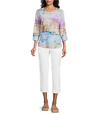 Allison Daley Petite Size Embellished Magic Canal Print 3/4 Sleeve Crew Neck Knit Top