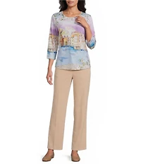 Allison Daley Petite Size Embellished Magic Canal Print 3/4 Sleeve Crew Neck Knit Top