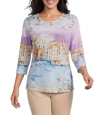 Allison Daley Petite Size Embellished Magic Canal Print 3/4 Sleeve Crew Neck Knit Top