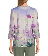 Allison Daley Petite Size Embellished Meadow Floral Print 3/4 Sleeve Crew Neckline Knit Top
