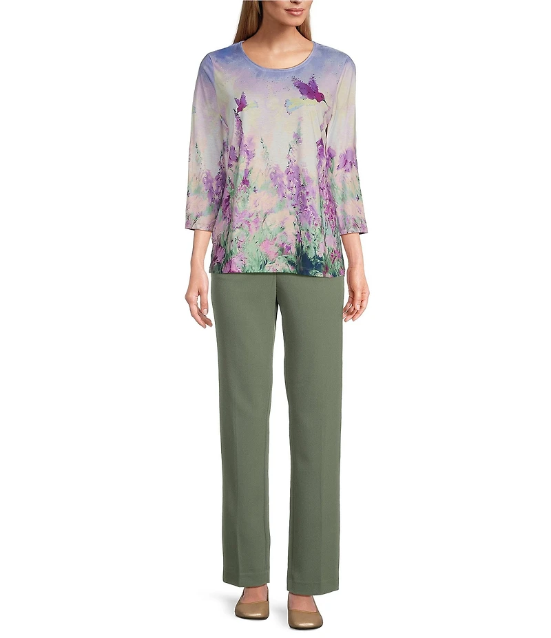 Allison Daley Petite Size Embellished Meadow Floral Print 3/4 Sleeve Crew Neckline Knit Top