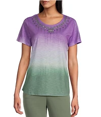 Allison Daley Petite Size Embellished Ombre Print Short Sleeve Crew Neck Knit Top