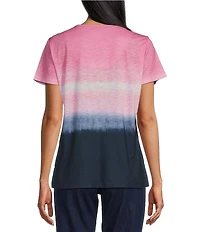Allison Daley Petite Size Embellished Ombre Print Short Sleeve Keyhole Neck Knit Top