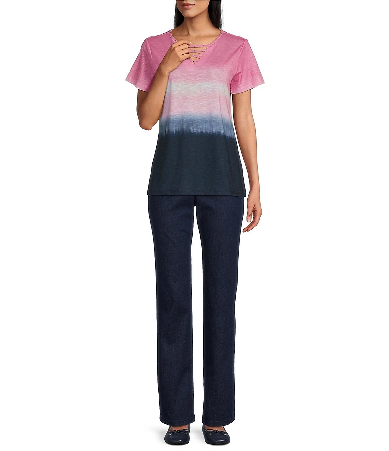 Allison Daley Petite Size Embellished Ombre Print Short Sleeve Keyhole Neck Knit Top