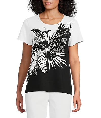 Allison Daley Petite Size Embellished Tropical Palm Print Short Sleeve Crew Neck Knit Top