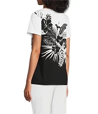 Allison Daley Petite Size Embellished Tropical Palm Print Short Sleeve Crew Neck Knit Top