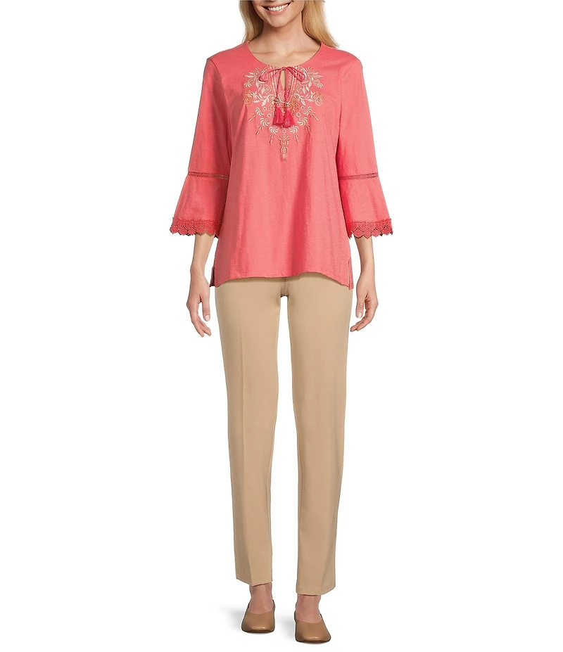 Allison Daley Petite Size Embroidered 3/4 Flare Sleeve Split V-Neck Sweater