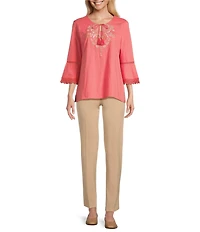 Allison Daley Petite Size Embroidered 3/4 Flare Sleeve Split V-Neck Sweater
