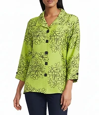 Allison Daley Petite Size Embroidered 3/4 Sleeve Point Collar Button Front Blouse