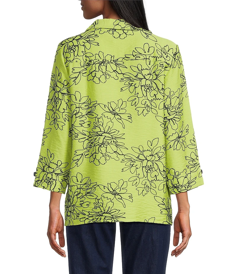 Allison Daley Petite Size Embroidered 3/4 Sleeve Point Collar Button Front Blouse