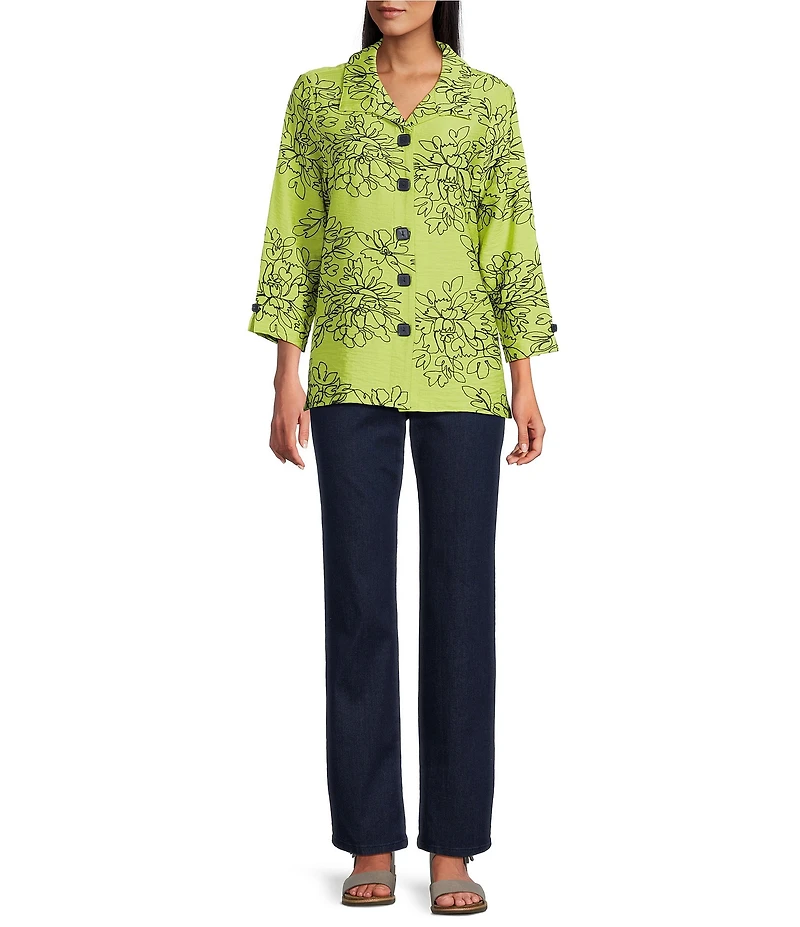 Allison Daley Petite Size Embroidered 3/4 Sleeve Point Collar Button Front Blouse