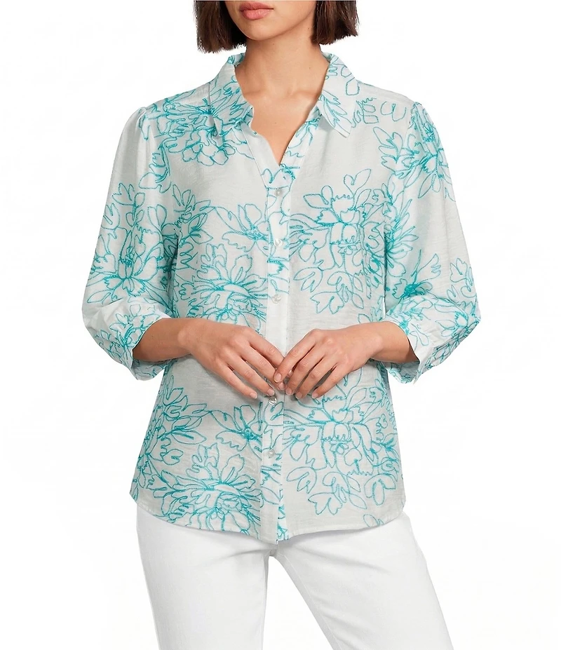 Allison Daley Petite Size Embroidered 3/4 Sleeve Point Collar Button Front Blouse