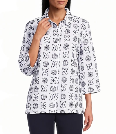 Allison Daley Petite Size Embroidery 3/4 Sleeve Point Collar Button Front Blouse