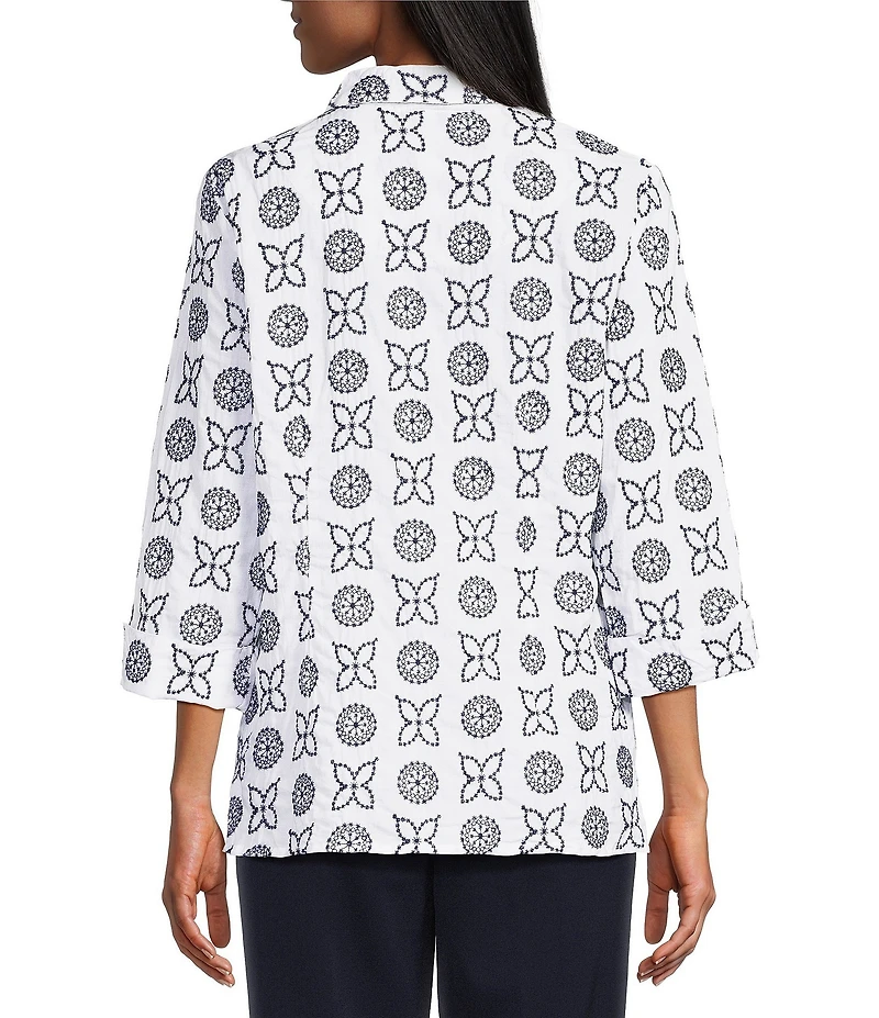 Allison Daley Petite Size Embroidery 3/4 Sleeve Point Collar Button Front Blouse