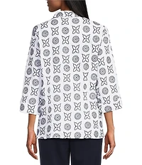 Allison Daley Petite Size Embroidery 3/4 Sleeve Point Collar Button Front Blouse