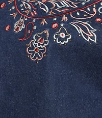 Allison Daley Petite Size Embroidery Detail Long Sleeve Button Front Point Collar Stretch Denim Jacket