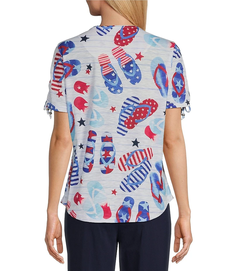 Allison Daley Petite Size Flip Flops Stars And Stripe Print Short Ruched Tie Sleeve Crew Neck Knit Top