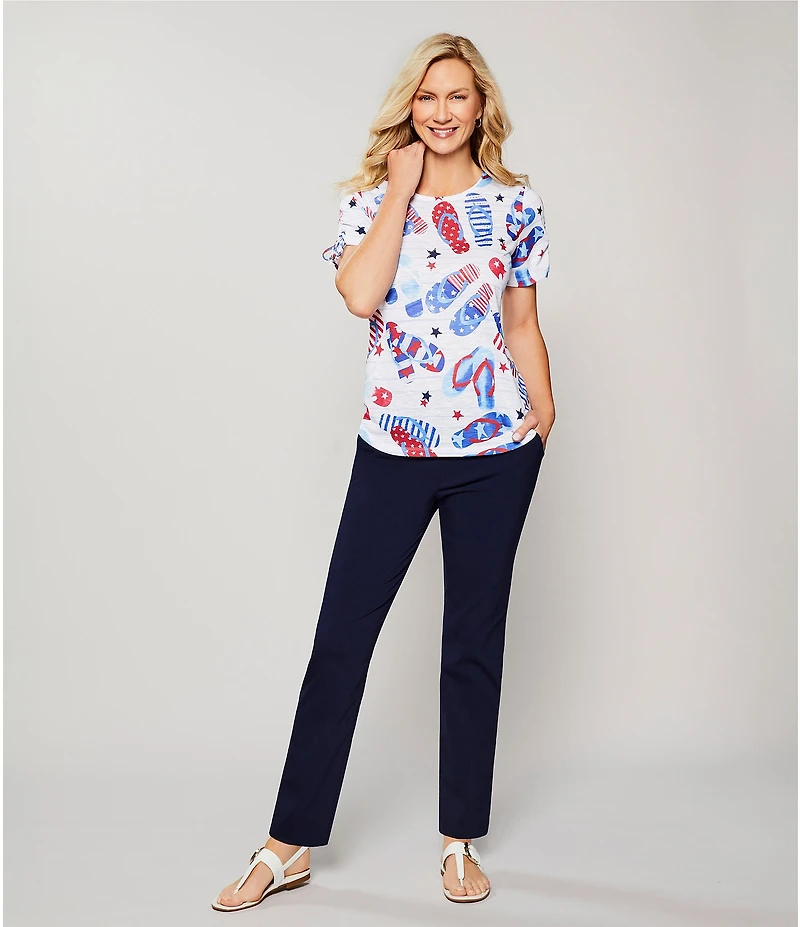 Allison Daley Petite Size Flip Flops Stars And Stripe Print Short Ruched Tie Sleeve Crew Neck Knit Top
