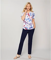 Allison Daley Petite Size Flip Flops Stars And Stripe Print Short Ruched Tie Sleeve Crew Neck Knit Top