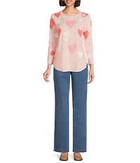 Allison Daley Petite Size Floating Hearts 3/4 Sleeve Crew Neck Curve Hem Sweater