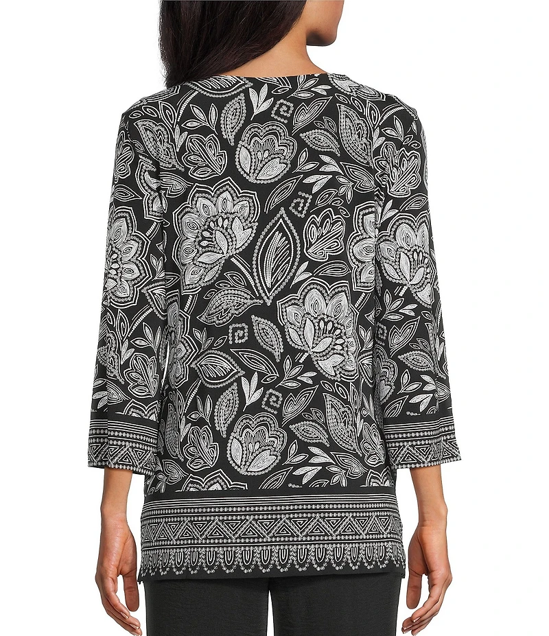 Allison Daley Petite Size Floral Beading 3/4 Sleeve V-Neck Knit Top