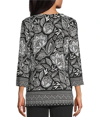 Allison Daley Petite Size Floral Beading 3/4 Sleeve V-Neck Knit Top