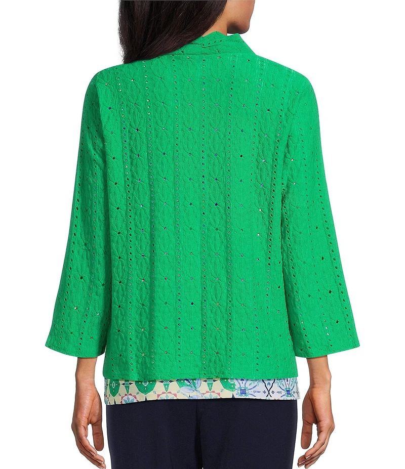 Allison Daley Petite Size Floral Eyelet Knit 3/4 Sleeve Open-Front Cardigan