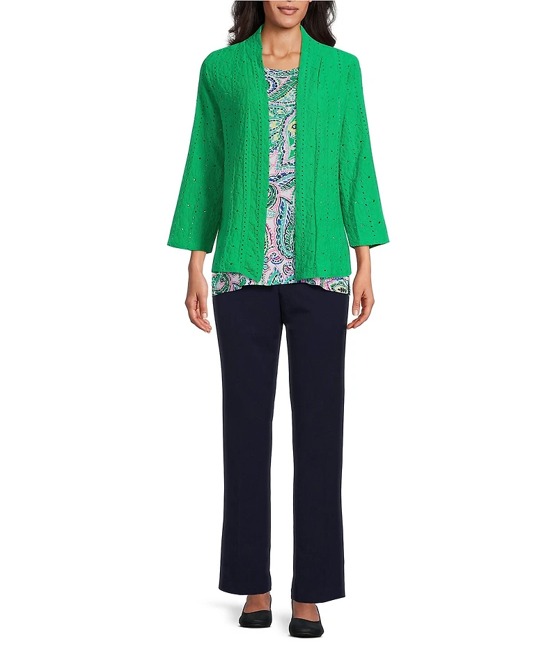 Allison Daley Petite Size Floral Eyelet Knit 3/4 Sleeve Open-Front Cardigan