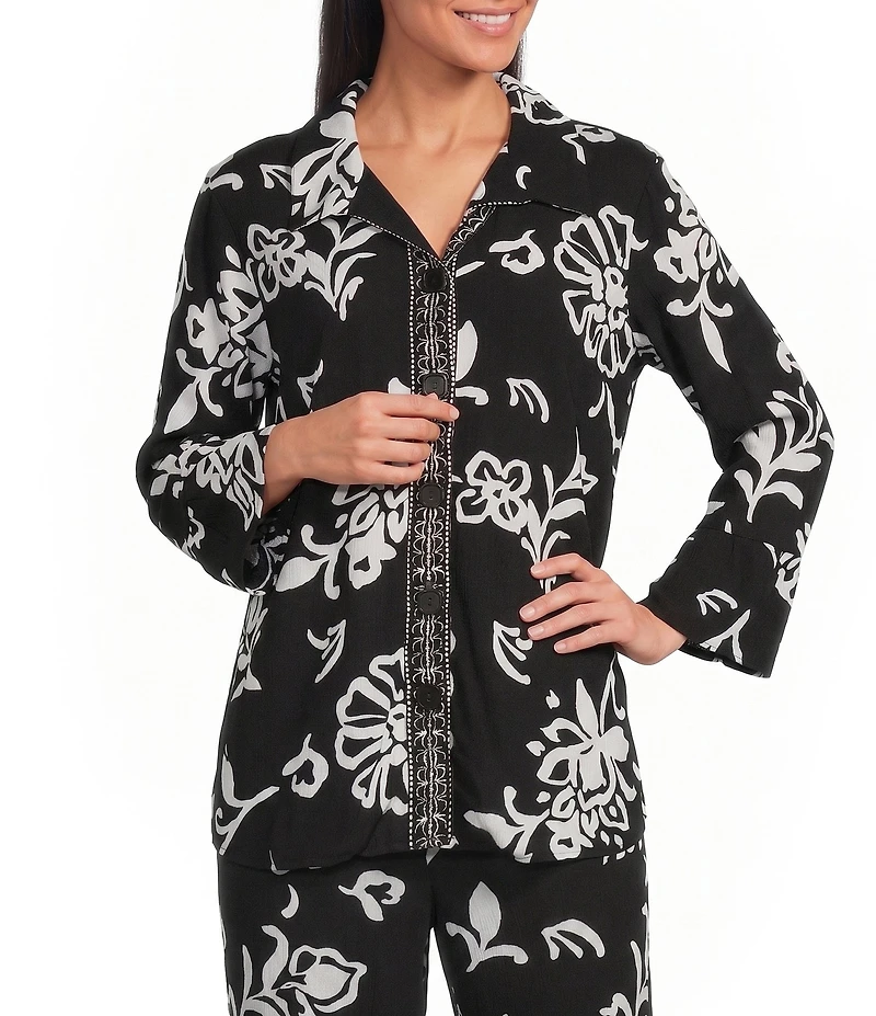 Allison Daley Petite Size Floral Print 3/4 Flounce Sleeve Button Front Point Collar Top