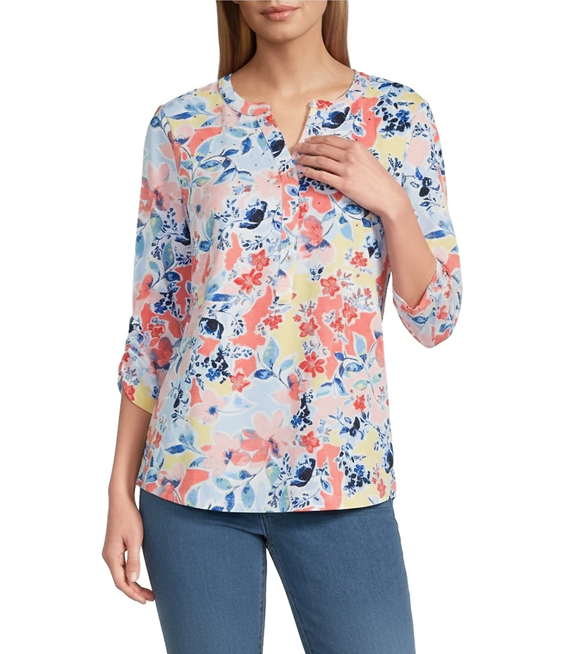 Allison Daley Petite Size Floral Print 3/4 Sleeve Henley Neck Knit Top