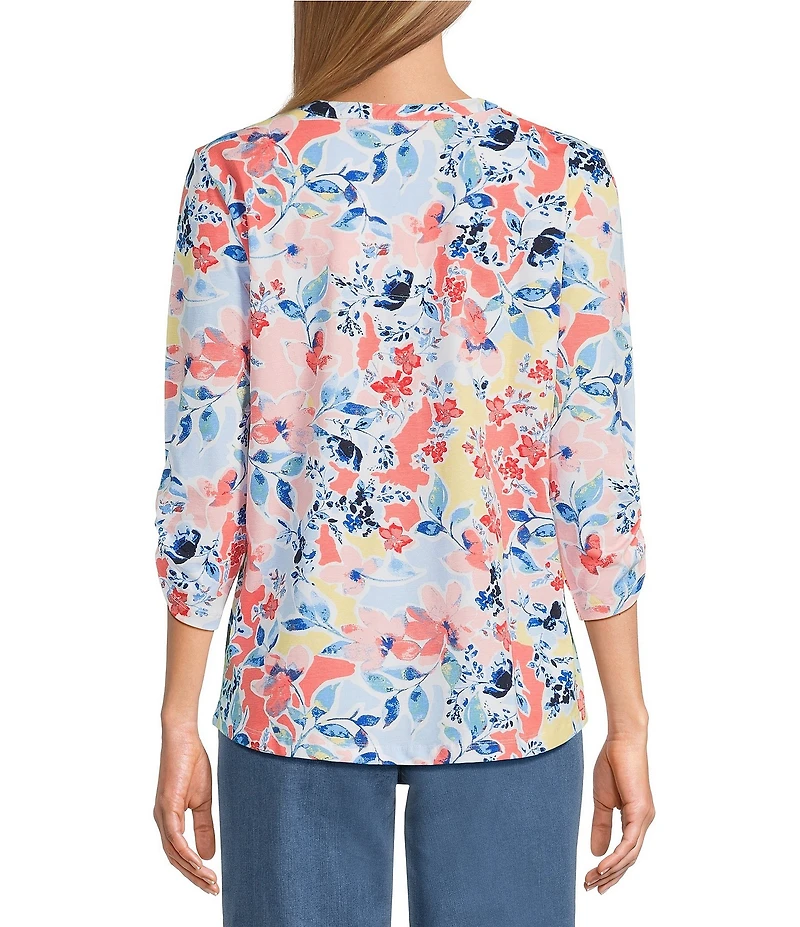 Allison Daley Petite Size Floral Print 3/4 Sleeve Henley Neck Knit Top