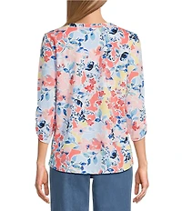 Allison Daley Petite Size Floral Print 3/4 Sleeve Henley Neck Knit Top