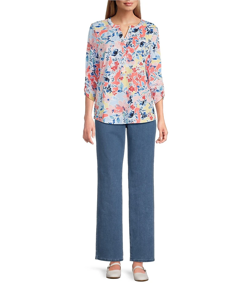 Allison Daley Petite Size Floral Print 3/4 Sleeve Henley Neck Knit Top