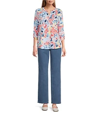 Allison Daley Petite Size Floral Print 3/4 Sleeve Henley Neck Knit Top